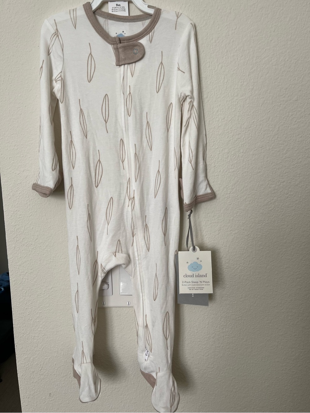 cloud island Cream Footed One-Piece with Beige Leaf Print